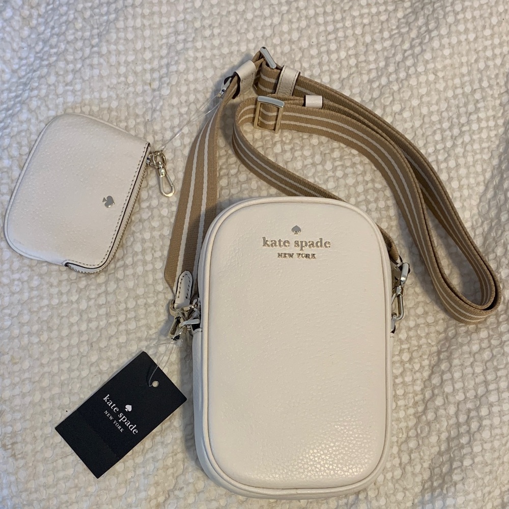 kate spade White Pebbled Crossbody with Striped Tan Strap and Coin Pouch